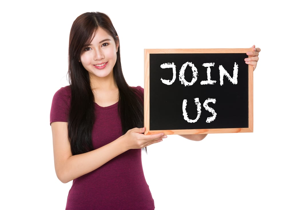 Asian woman hold with the blank chalkboard showing join us on board-2